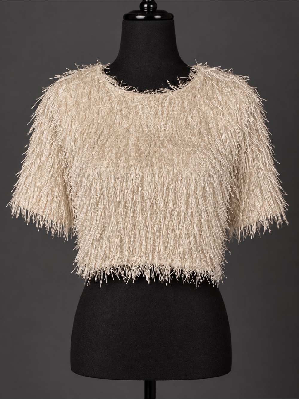 Gracia Cream Textured Fringe Crop Sweater top, back zip- S